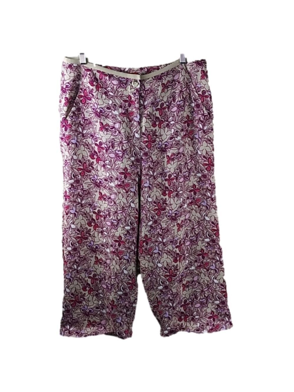 𝅺Valerie Stevens Linen Tan Pink Multicolored High Rise Flare Leg Cropped Pant